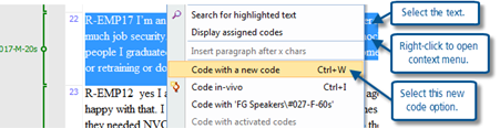 Figure 7.2.1 – Using the context menu to create and apply a new code 