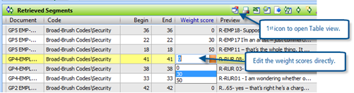 Figure 7.12.6 – Table view of Retrieved Segments to edit weight scores