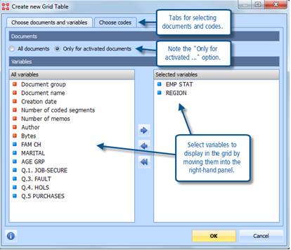 Figure 10.2.4 – Selecting documents and variables for a new grid table.