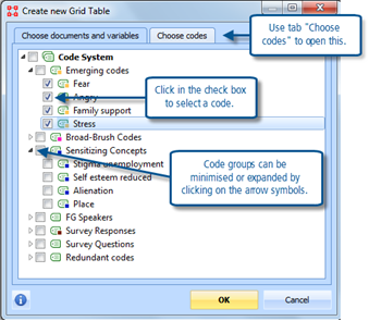 Figure 10.2.5 – Selecting codes for a new grid table.